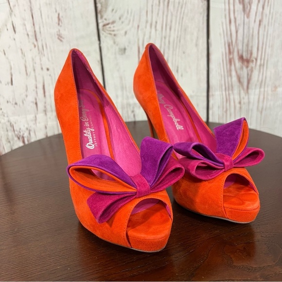 JEFFREY CAMPBELL GARRET orange combo Women's Bow Accent peep toe high heels 7.5 - Picture 14 of 16